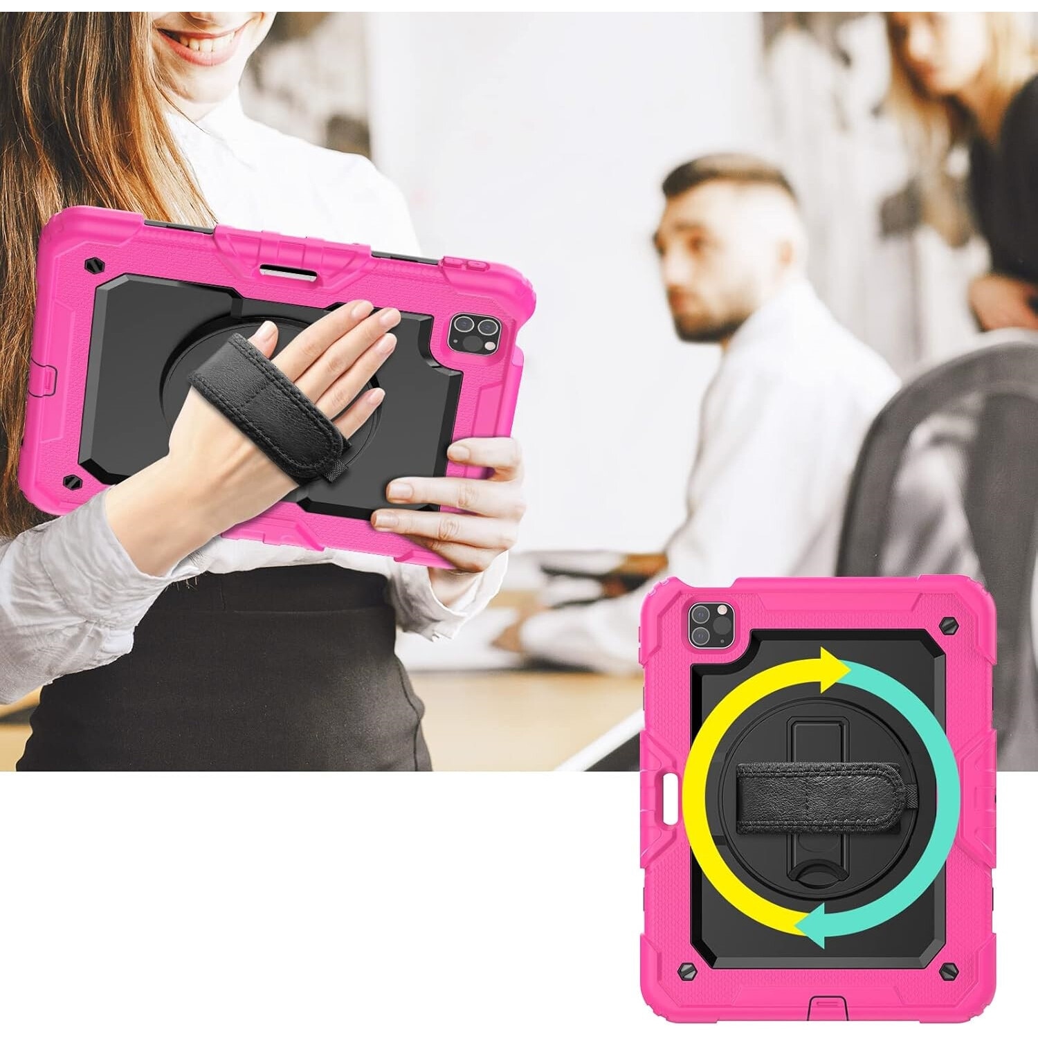 Husa tableta pentru iPad Pro 11/Air 5/4, roz, cu suport si curea reglabila, constructie tripla