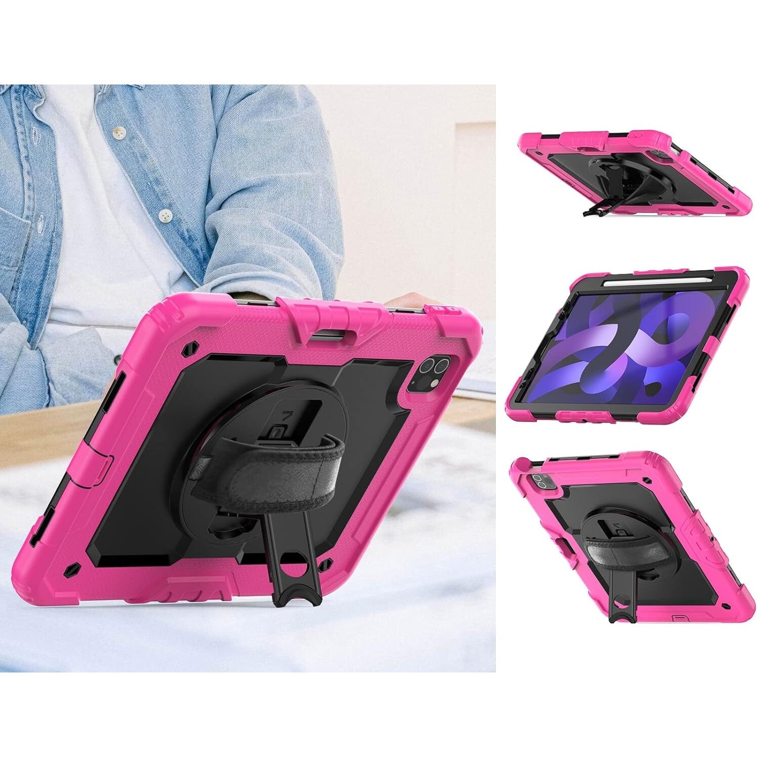 Husa tableta pentru iPad Pro 11/Air 5/4, roz, cu suport si curea reglabila, constructie tripla
