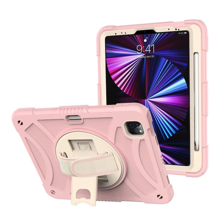 Husa pentru tableta iPad Air 4/5 10,9", roz, cu suport rotativ si loc pentru stilou