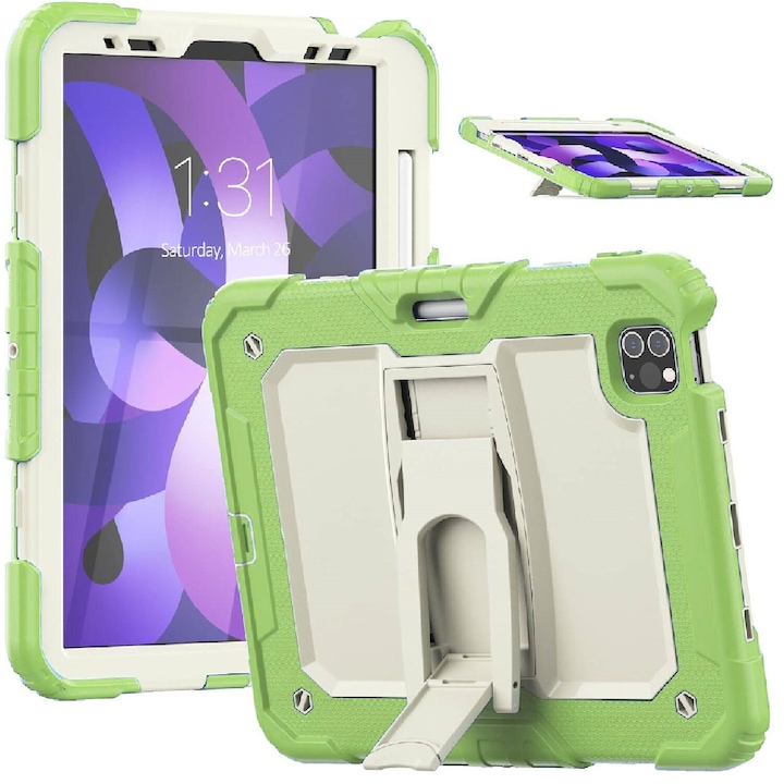 Husa tableta pentru iPad Air 5/Air 4/Pro 11", verde, cu suport si curea reglabila, constructie tripla