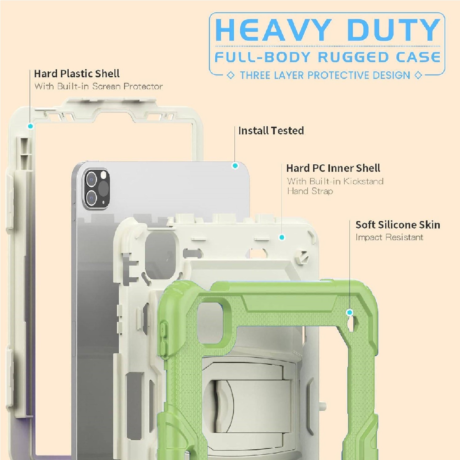 Husa tableta pentru iPad Air 5/Air 4/Pro 11", verde, cu suport si curea reglabila, constructie tripla