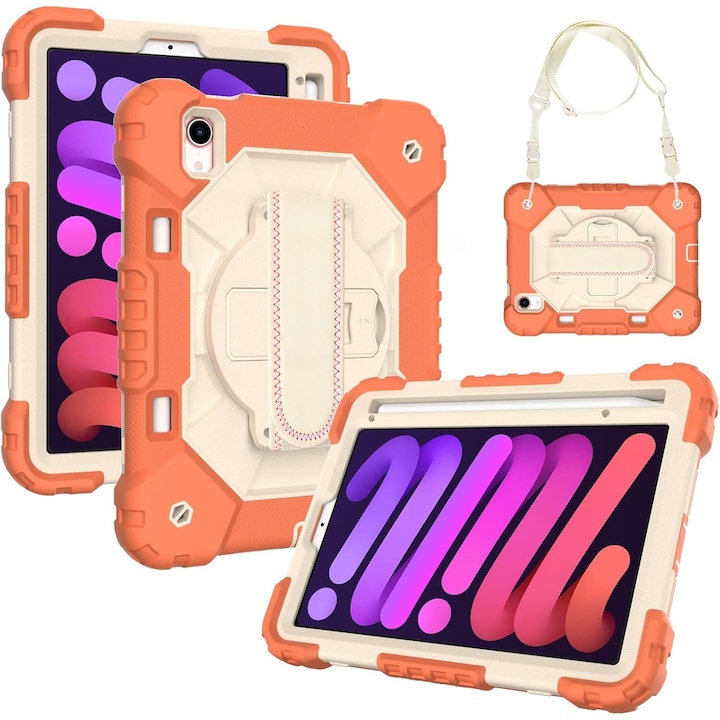 Husa pentru iPad Mini 6 8.3", trojwarstwa, suport rotativ, portocalie, cu curea ajustabila