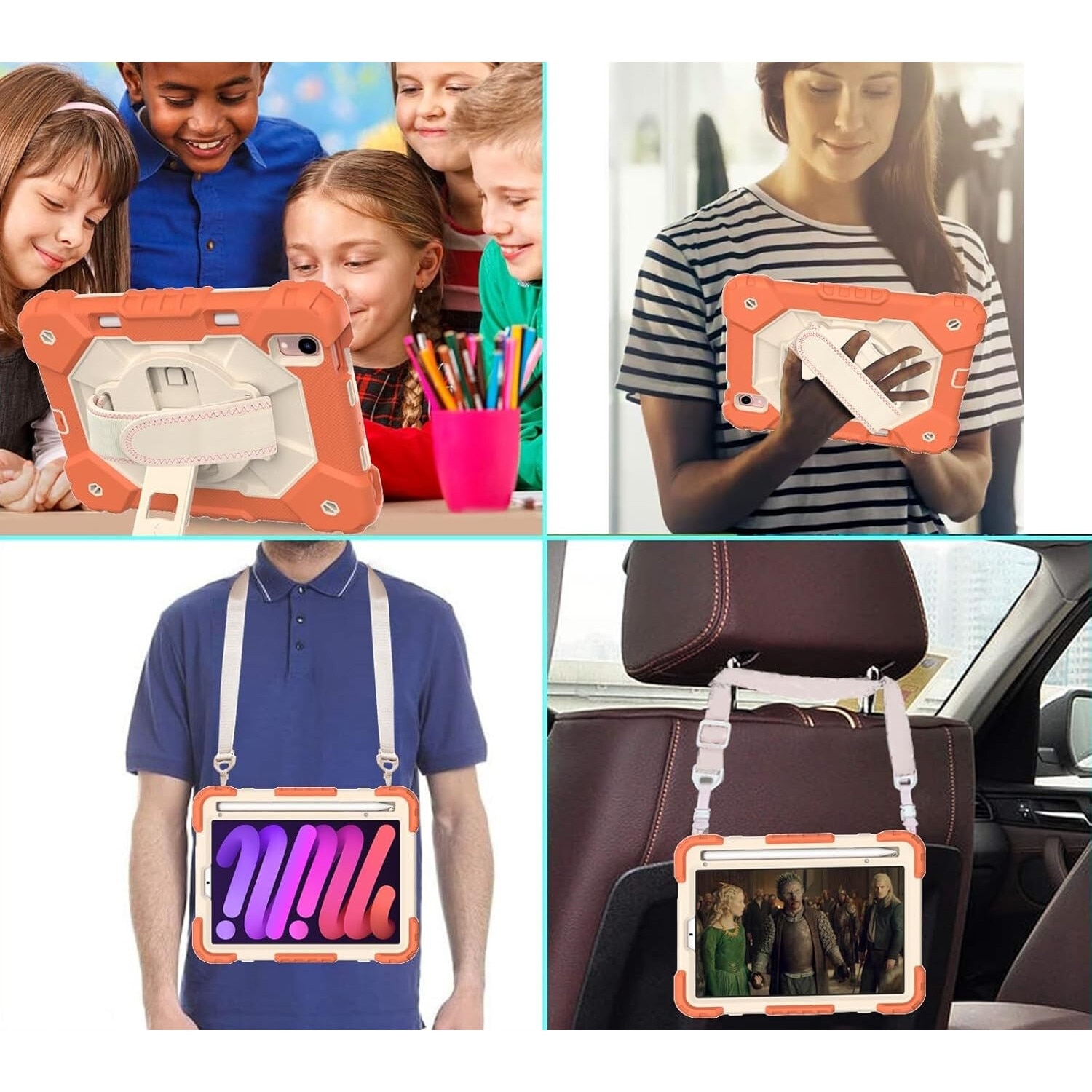 Husa pentru iPad Mini 6 8.3", trojwarstwa, suport rotativ, portocalie, cu curea ajustabila