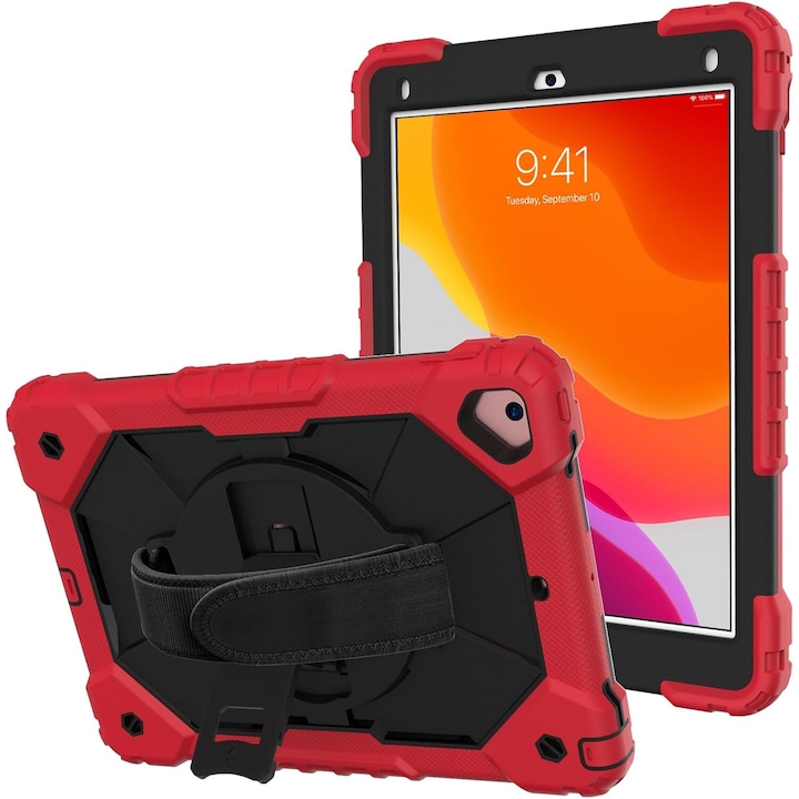 Husa tableta cu suport si curea, rosu, pentru Samsung Galaxy Tab A7, constructie tripla, dimensiuni precise