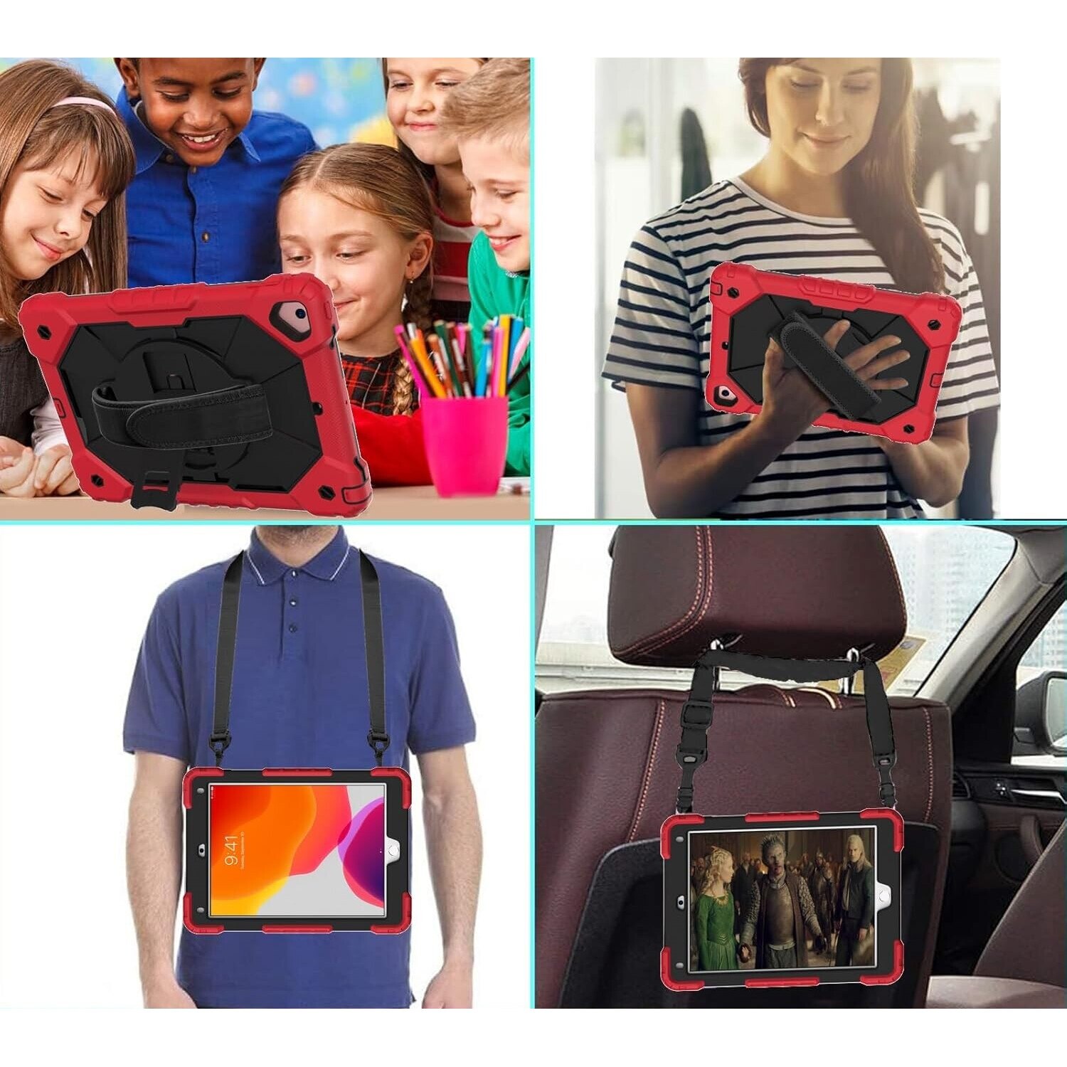 Husa tableta cu suport si curea, rosu, pentru Samsung Galaxy Tab A7, constructie tripla, dimensiuni precise