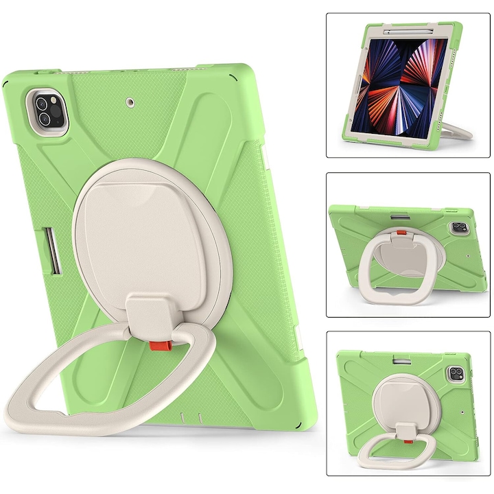Husa pentru tableta iPad Pro 12.9", cu suport rotativ, loc pentru stilou, verde, 3 straturi