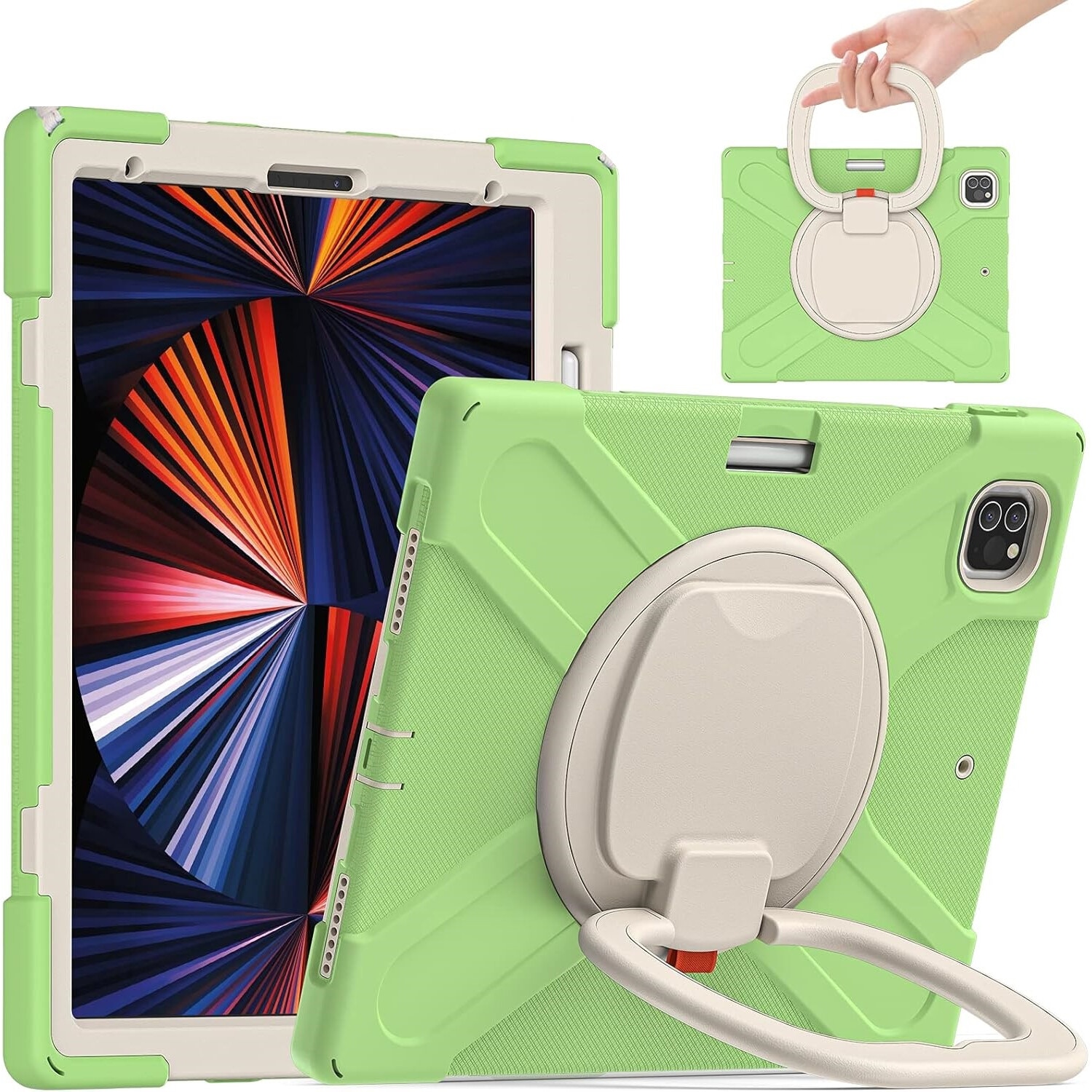 Husa pentru tableta iPad Pro 12.9", cu suport rotativ, loc pentru stilou, verde, 3 straturi