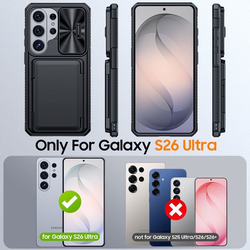 Husa telefon Compatibil cu Galaxy S26 Ultra, Capac Glisant pentru Camera, Slot Card RFID，design portofel, protectie soc, protectie la cadere, neagra