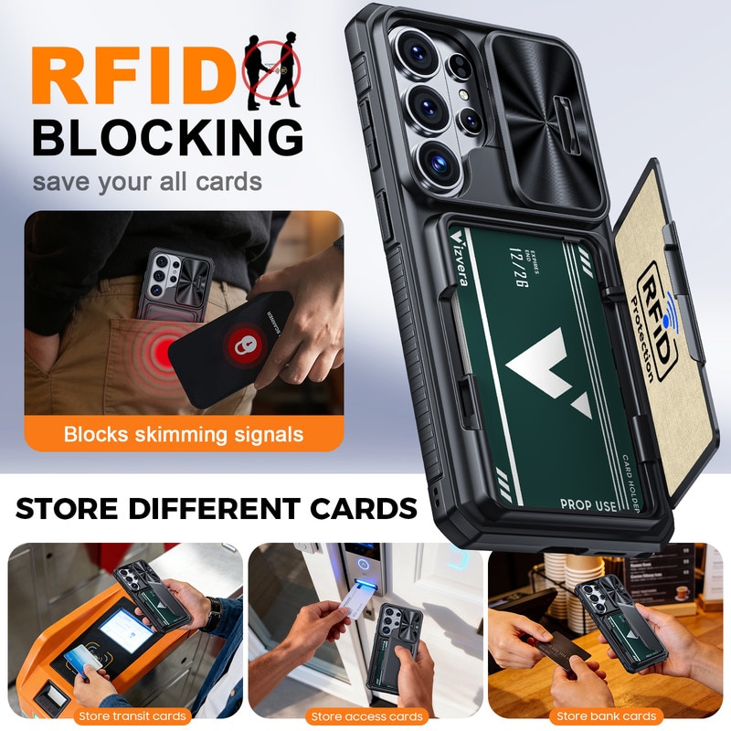 Husa telefon Compatibil cu Galaxy S26 Ultra, Capac Glisant pentru Camera, Slot Card RFID，design portofel, protectie soc, protectie la cadere, neagra