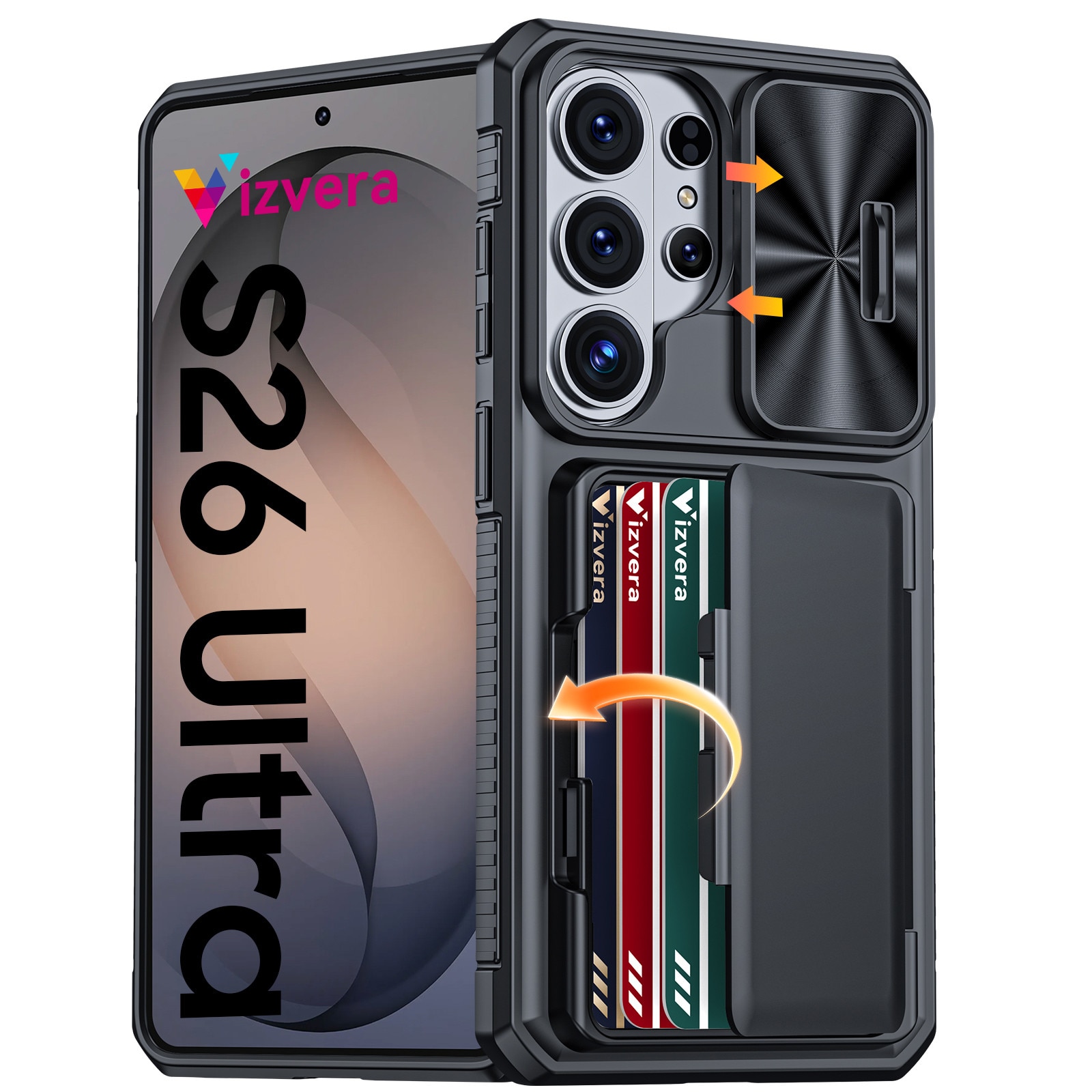 Husa telefon Compatibil cu Galaxy S26 Ultra, Capac Glisant pentru Camera, Slot Card RFID，design portofel, protectie soc, protectie la cadere, neagra