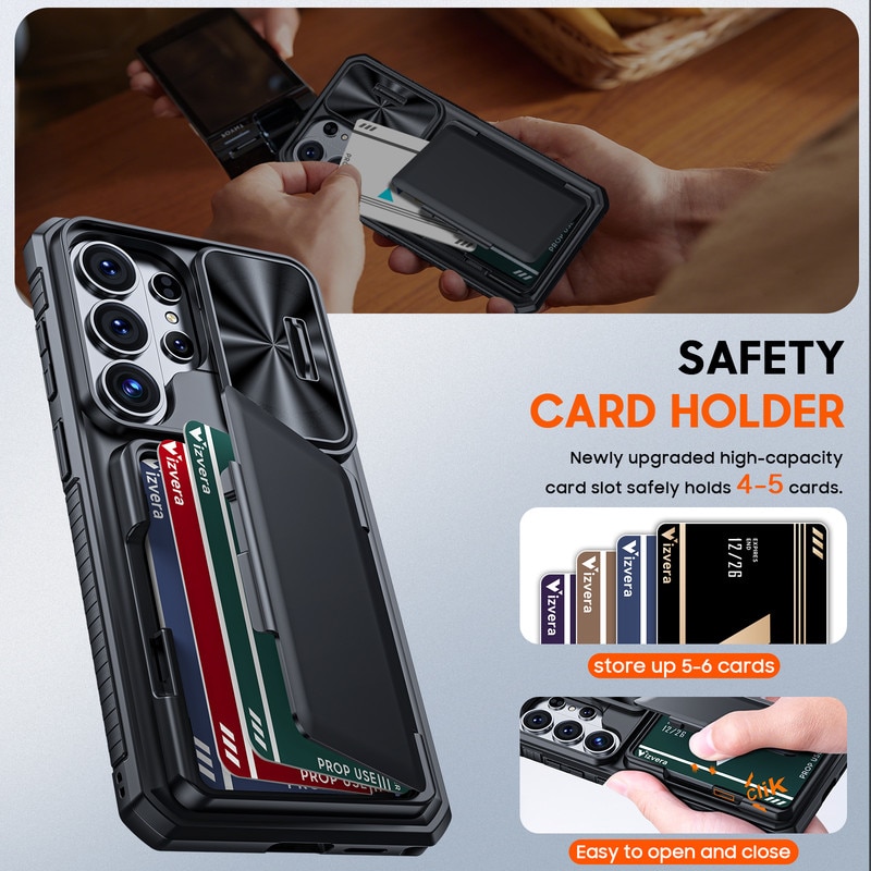 Husa telefon Compatibil cu Galaxy S26 Ultra, Capac Glisant pentru Camera, Slot Card RFID，design portofel, protectie soc, protectie la cadere, neagra