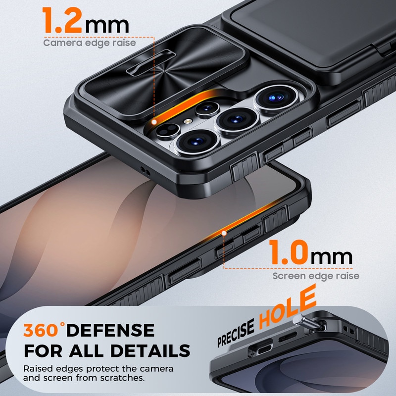 Husa telefon Compatibil cu Galaxy S26 Ultra, Capac Glisant pentru Camera, Slot Card RFID，design portofel, protectie soc, protectie la cadere, neagra