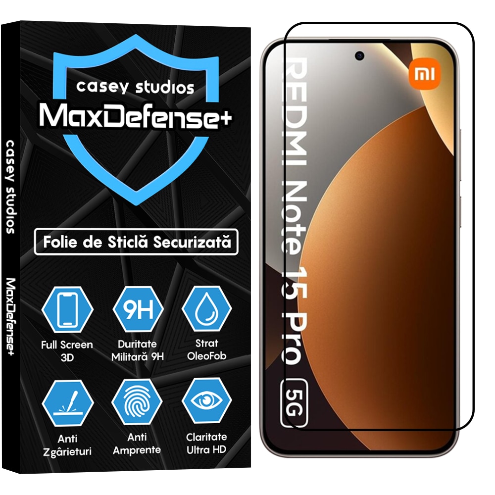 Folie Sticla CASEY STUDIOS™ pentru Xiaomi REDMI Note 15 Pro 5G, Full Cover 3D, Full Glue, Duritate Militara, Protectie Profesionala Ecran 3D, Anti Zgarieturi, Margini Negre