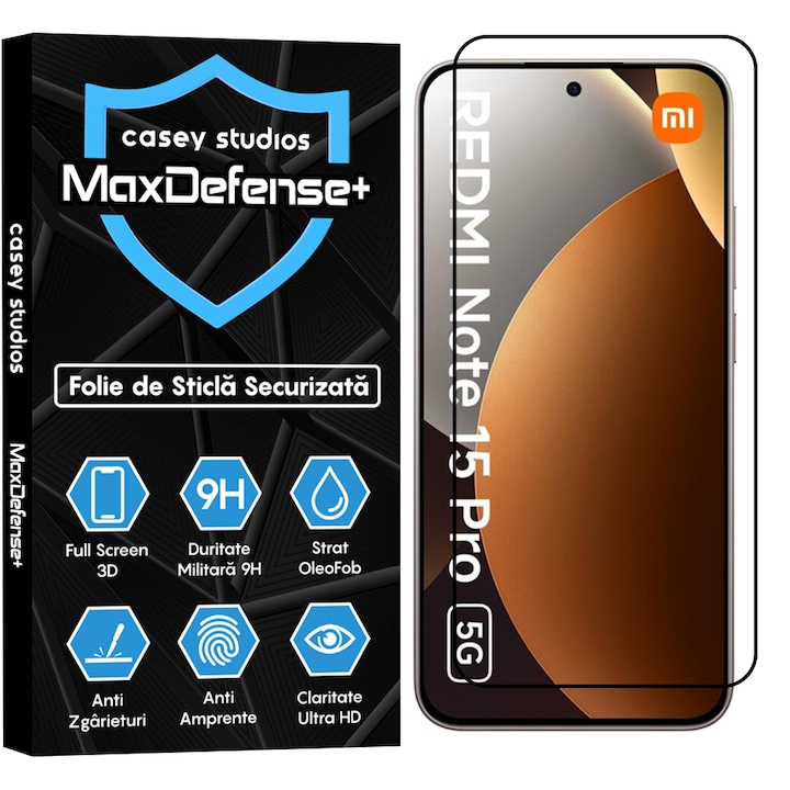 Folie Sticla CASEY STUDIOS™ pentru Xiaomi REDMI Note 15 Pro 5G, Full Cover 3D, Full Glue, Duritate Militara, Protectie Profesionala Ecran 3D, Anti Zgarieturi, Margini Negre