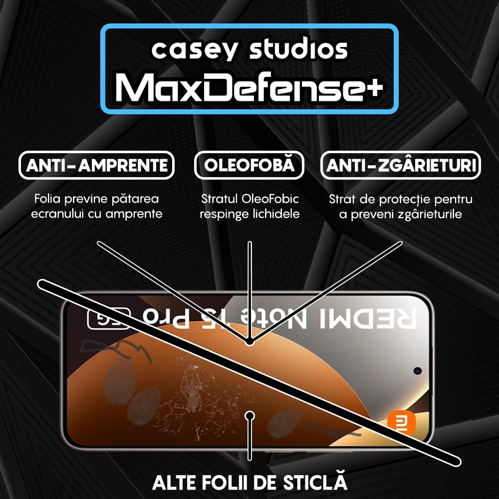 Folie Sticla CASEY STUDIOS™ pentru Xiaomi REDMI Note 15 Pro 5G, Full Cover 3D, Full Glue, Duritate Militara, Protectie Profesionala Ecran 3D, Anti Zgarieturi, Margini Negre