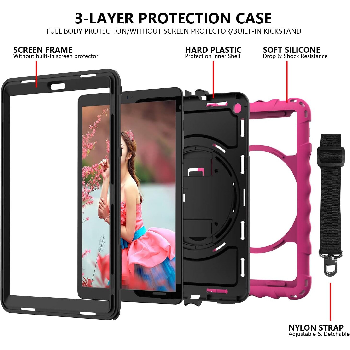 Husa tableta Samsung Tab A10.1", roz, cu suport si curea reglabila, trei straturi de protectie