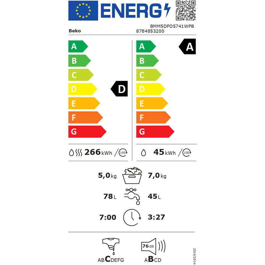 Masina de spălat cu uscător Beko, frontala, 7 kg spălare, 5 kg uscare, alb