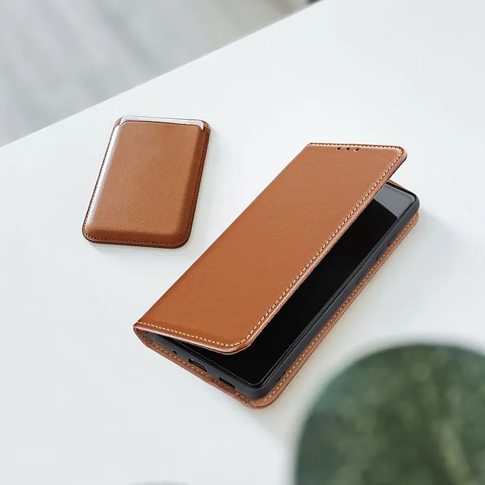 Husa Flip Piele Naturala compatibila cu Apple iPhone 16, Durabila, Premium Materials, Suport card, Calitate superioara, Functie de stand, Inchidere magnetica, Maro