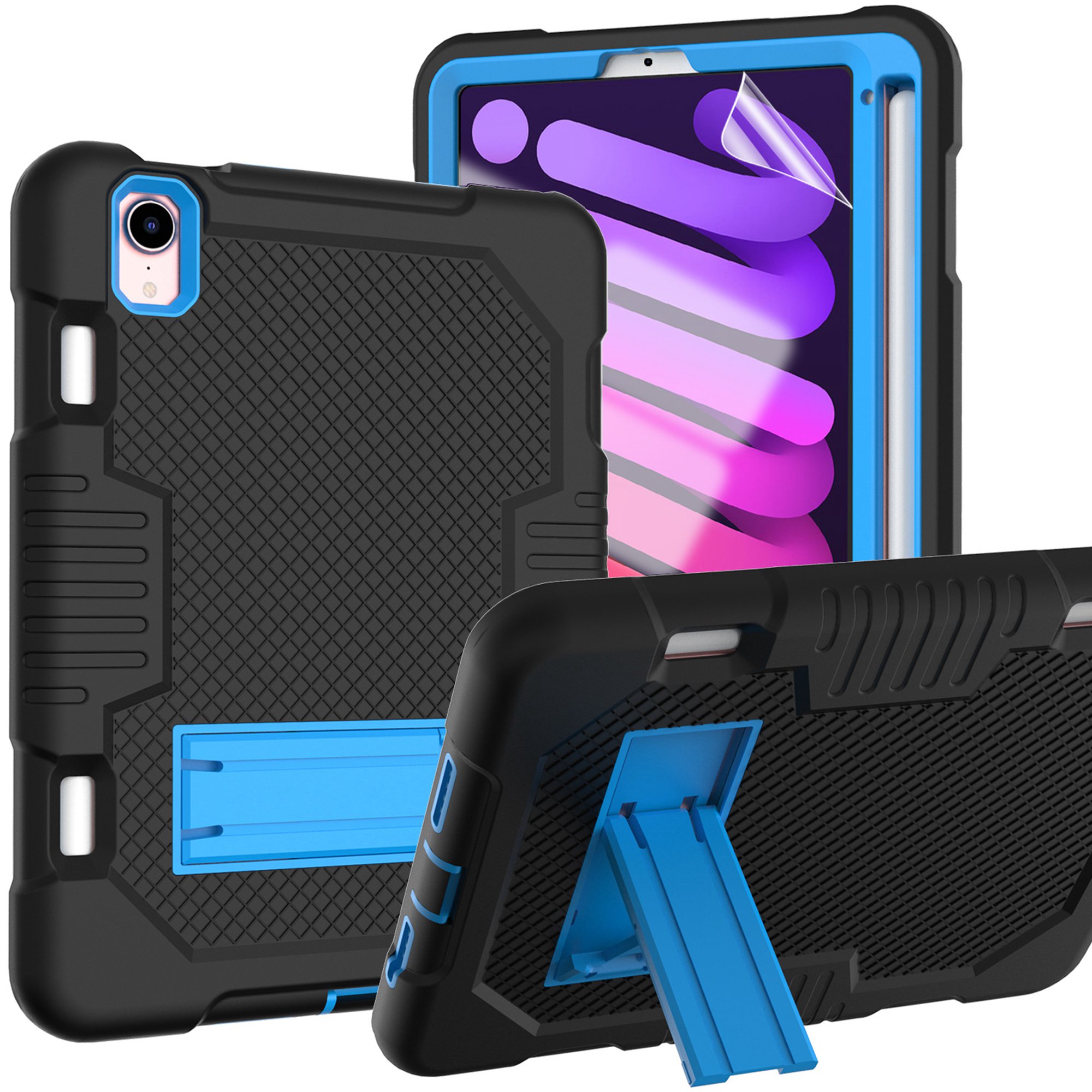 Husa pentru tableta iPad Mini 6, cu suport si loc pentru creion, negru/albastru
