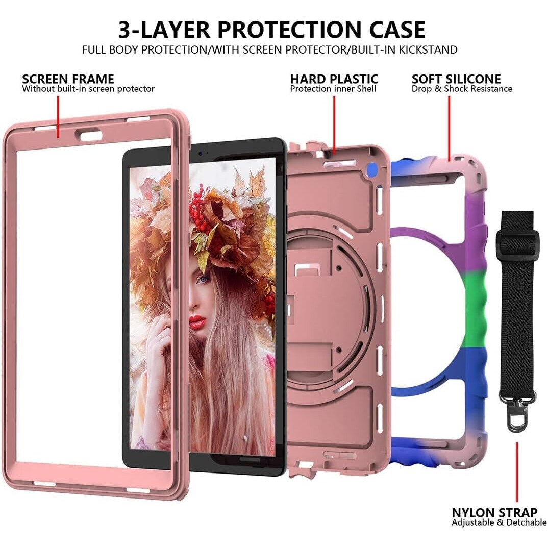 Husa tableta, Samsung Galaxy Tab A 8.0", 3 straturi, suport rotativ 360°, multicolor