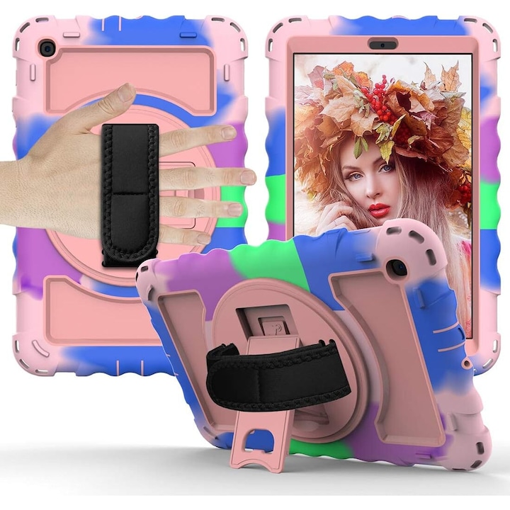 Husa tableta, Samsung Galaxy Tab A 8.0", 3 straturi, suport rotativ 360°, multicolor