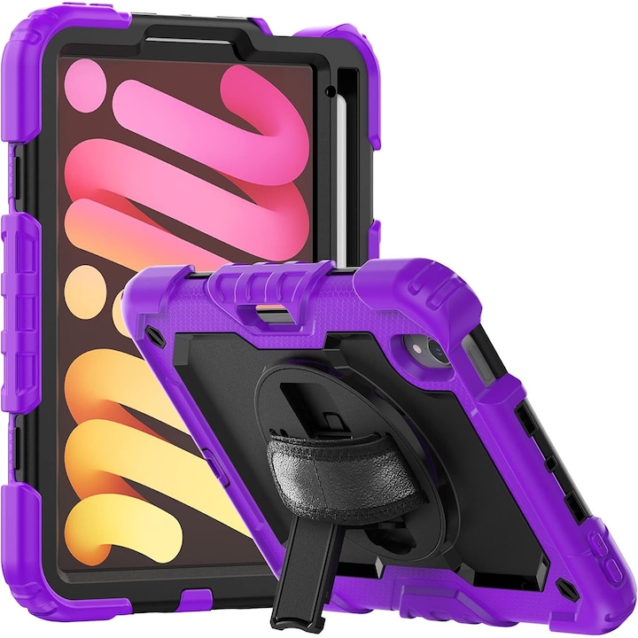 Husa tableta, pentru iPad Mini 6 8.3", 3 straturi, suport rotativ, violet