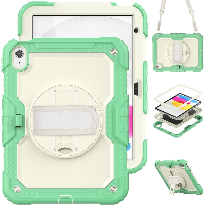 Husa tableta pentru iPad 9/8/7 10.2", verde, cu suport si curea reglabila, trei straturi de protectie