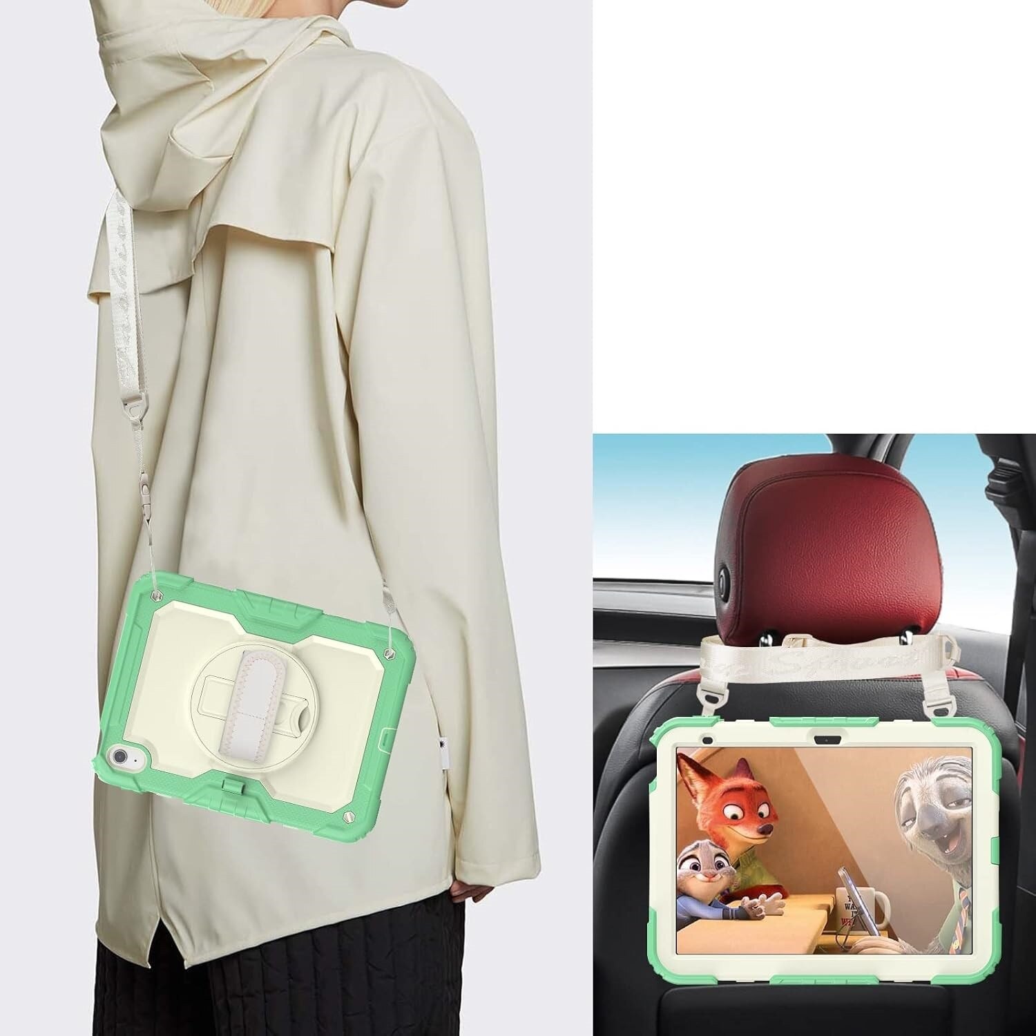 Husa tableta pentru iPad 9/8/7 10.2", verde, cu suport si curea reglabila, trei straturi de protectie