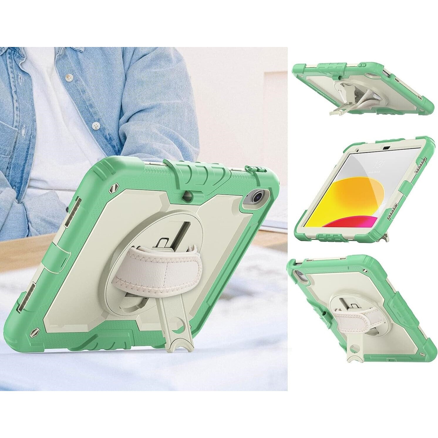 Husa tableta pentru iPad 9/8/7 10.2", verde, cu suport si curea reglabila, trei straturi de protectie