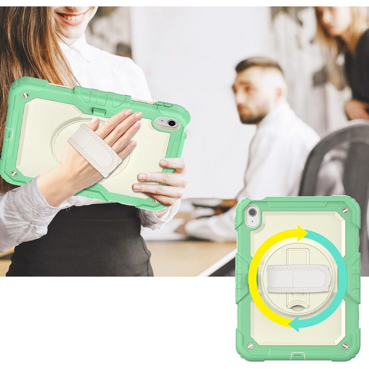Husa tableta pentru iPad 9/8/7 10.2", verde, cu suport si curea reglabila, trei straturi de protectie