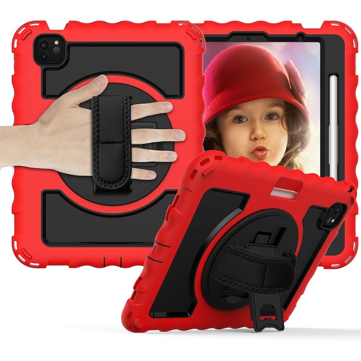 Husa tableta iPad 11" cu suport si curea, rosu, trei straturi, protectie maxima