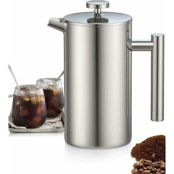 Cafetiera presa franceza, 1L, otel inoxidabil, izolatie dubla, filtru triplu, argintiu