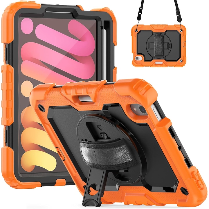 Husa pentru iPad Mini 6 8.3", portocaliu, cu suport si curea reglabila, constructie tripla