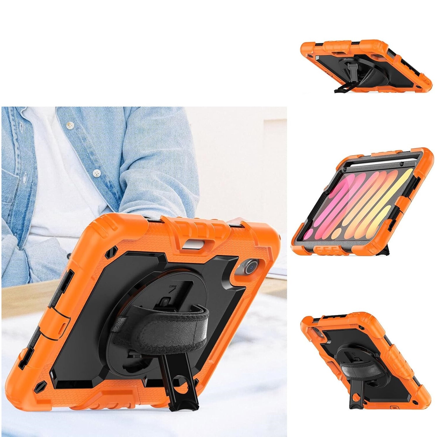 Husa pentru iPad Mini 6 8.3", portocaliu, cu suport si curea reglabila, constructie tripla