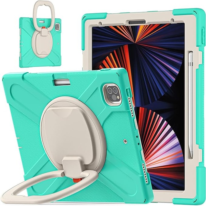 Husa pentru iPad Pro 12.9", 3 straturi, suport rotativ, loc pentru stylus, verde menta