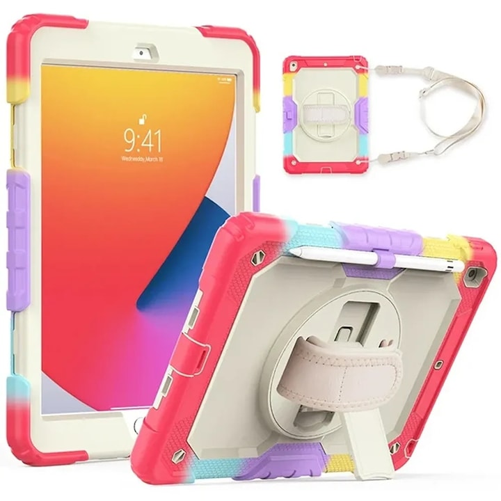 Husa pentru iPad 10.2" cu suport si curea, trei straturi, protectie completa, colorata