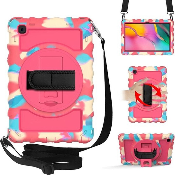 Husa tableta cu suport si curea, roz, pentru Samsung Galaxy Tab 8.0", constructie tripla, protectie completa