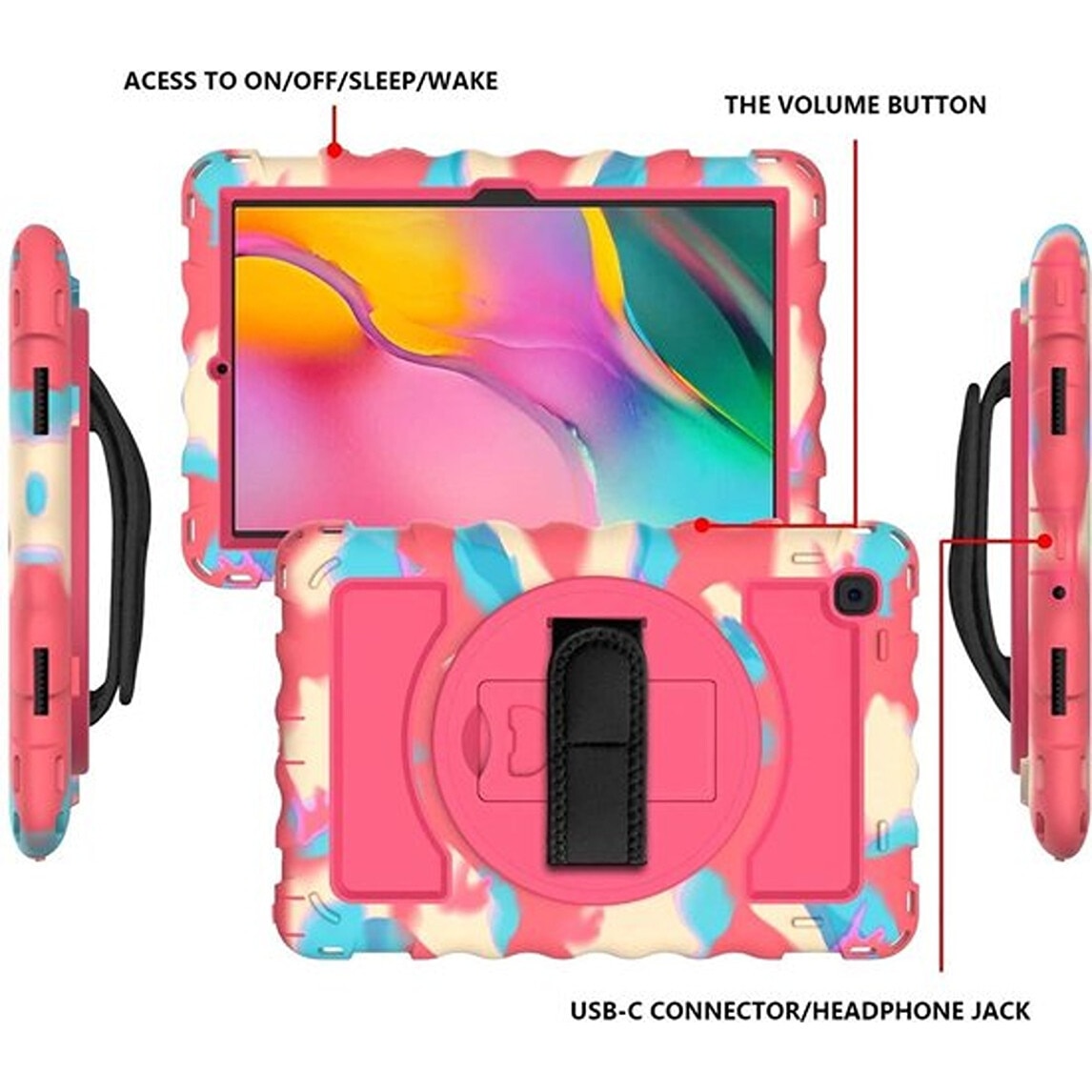 Husa tableta cu suport si curea, roz, pentru Samsung Galaxy Tab 8.0", constructie tripla, protectie completa