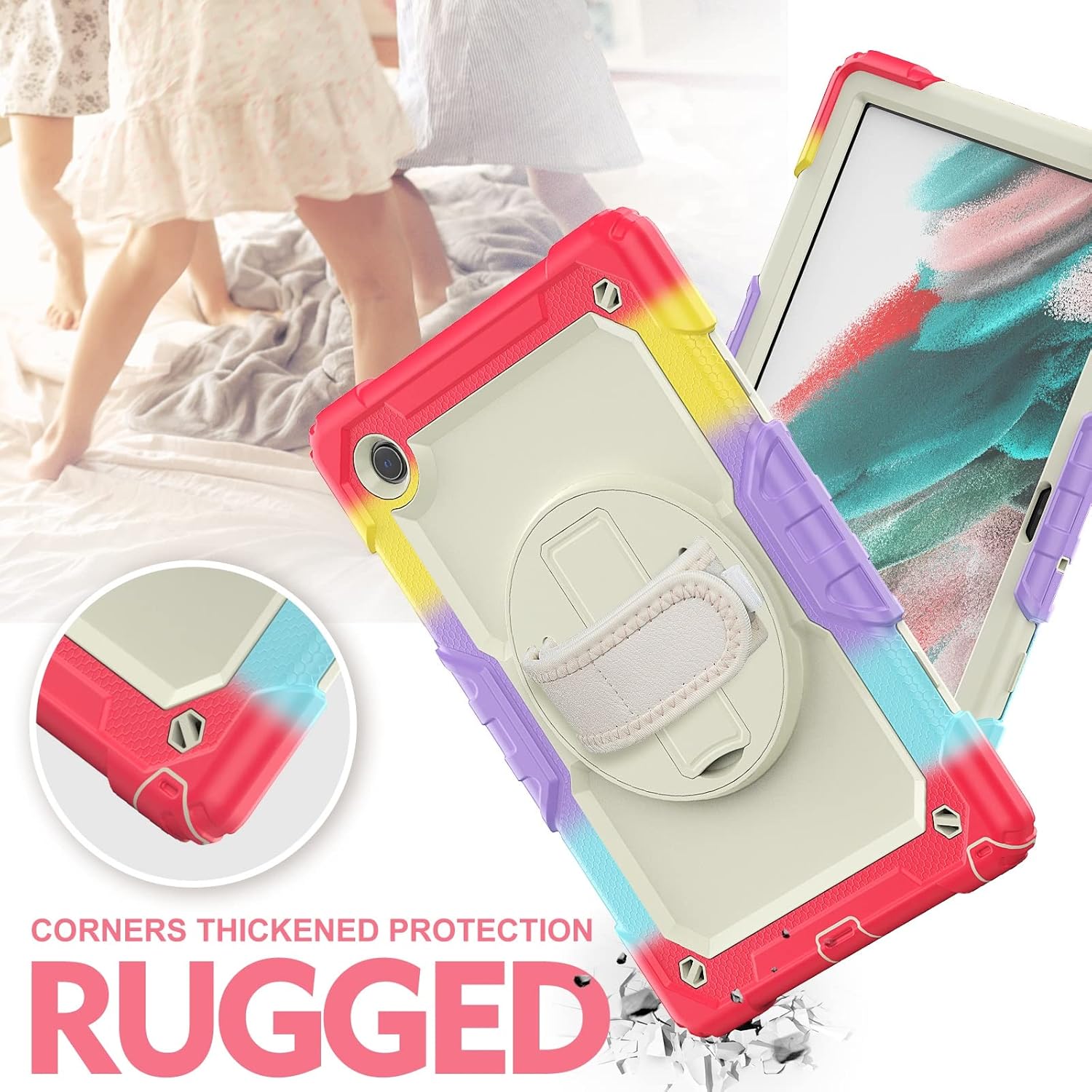 Husa tableta, pentru iPad Air 5/4 si Pro 11, 3 straturi, suport rotativ, curea reglabila, multicolor