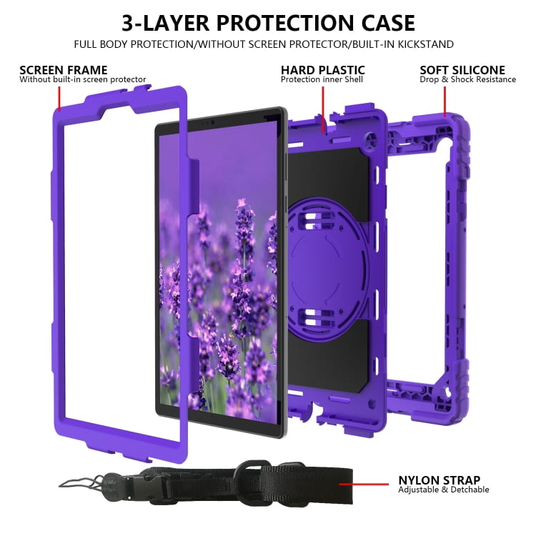 Husa tableta, Samsung Galaxy Tab A7 10.4", trei straturi, violet, cu suport si curea