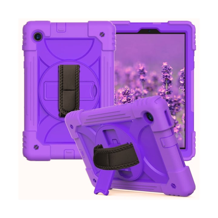 Husa tableta, Samsung Galaxy Tab A7 10.4", trei straturi, violet, cu suport si curea