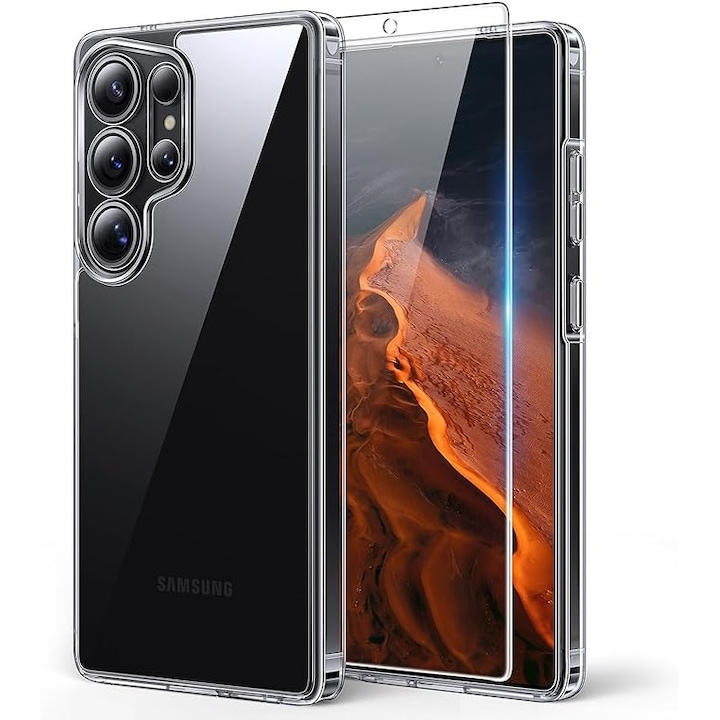 Husa Transparenta 3 in 1 pentru Samsung Galaxy S25 Ultra, cu 2 Folii din Sticla Securizata, Anti-Soc, Anti-Ingalbenire