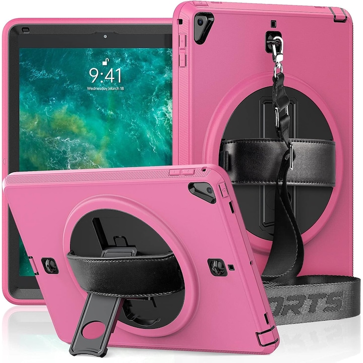 Husa tableta pentru iPad 10.2" (19/20/21), roz, cu suport si curea reglabila, constructie tripla