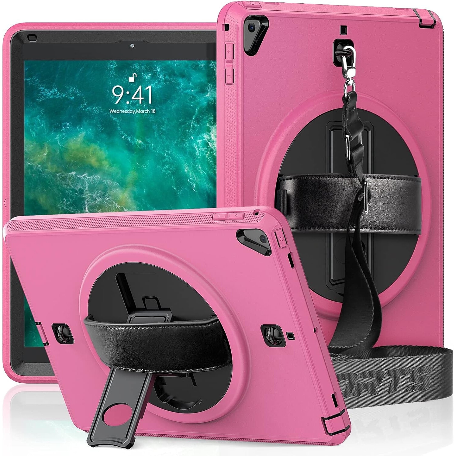 Husa tableta pentru iPad 10.2" (19/20/21), roz, cu suport si curea reglabila, constructie tripla