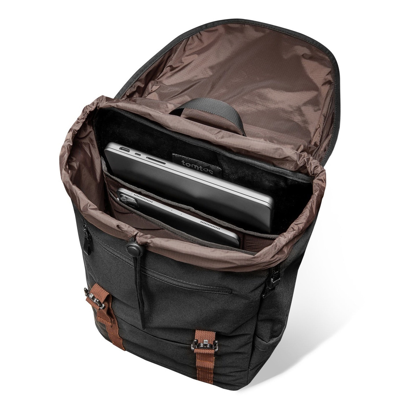 Rucsac TomToc Vintpack-TA1, 15.6", capacitate 22L, stil vintage, material rezistent apa, fermoare YKK, catarame Duraflex, compartiment laptop protejat, acces lateral rapid, chinga troler, buzunare smart, negru, design urban
