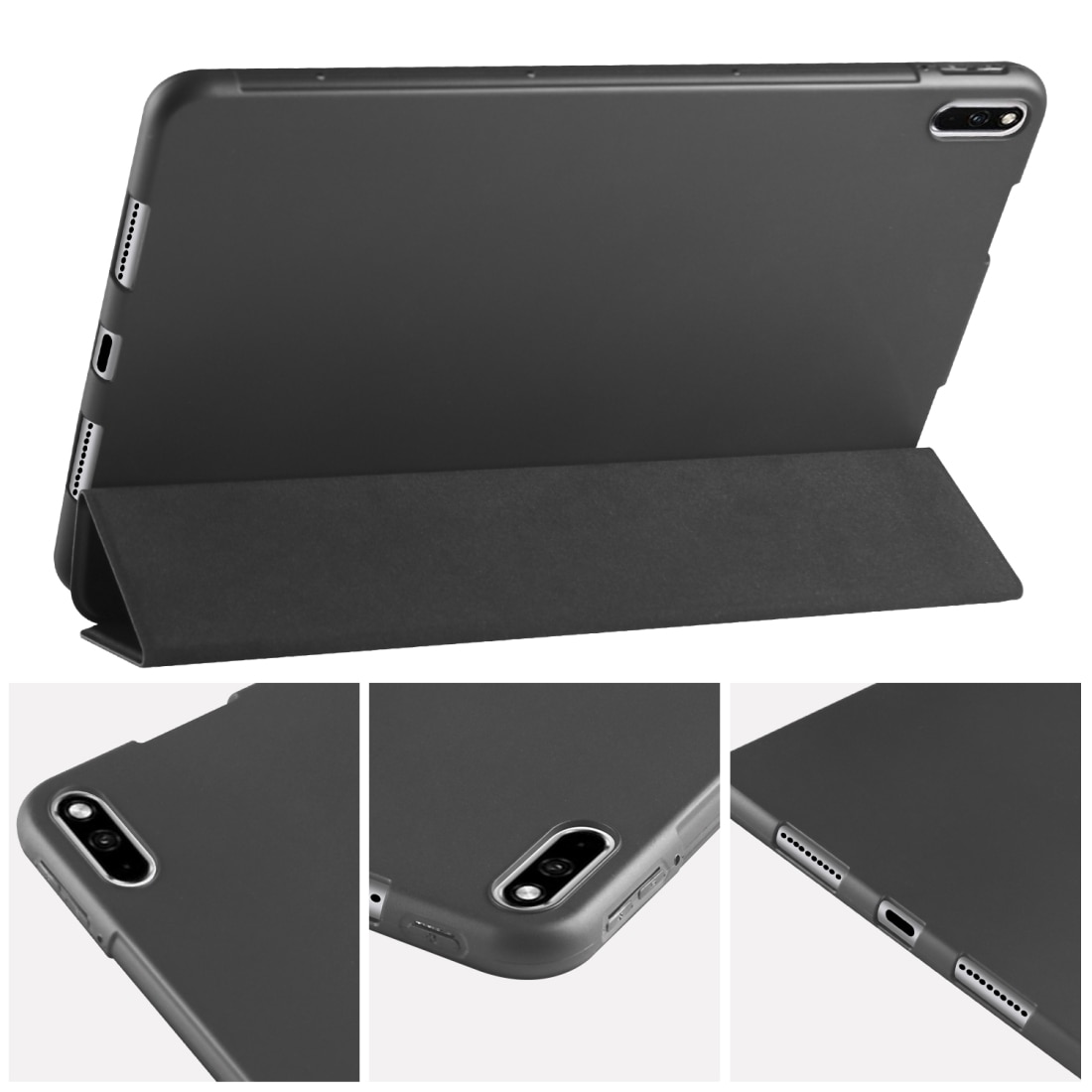 Husa tableta pentru Huawei MatePad Pro 10.8 inch, piele PU + TPU cu model hexagonal, capacitate de pliere in 3 sectiuni, suport integrat, negru