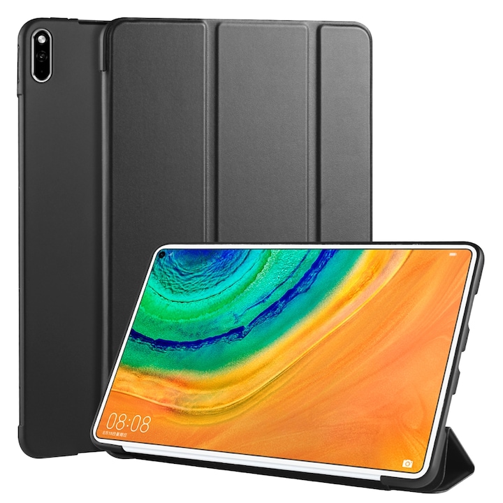 Husa tableta pentru Huawei MatePad Pro 10.8 inch, piele PU + TPU cu model hexagonal, capacitate de pliere in 3 sectiuni, suport integrat, negru