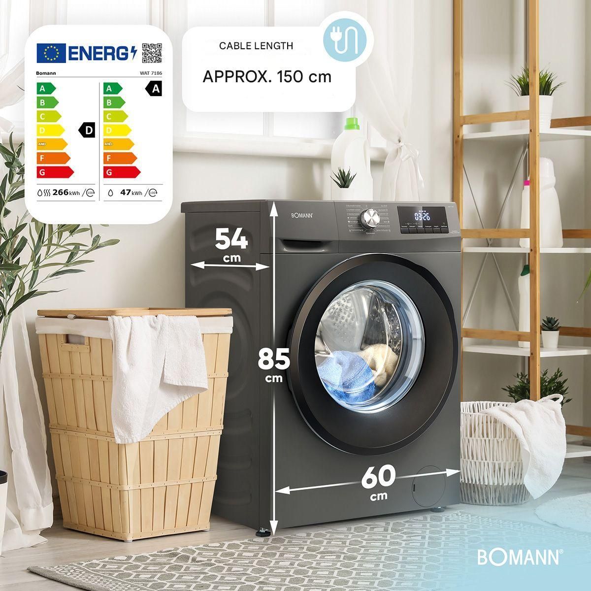 Masina de spalat rufe cu uscator Bomann, WAT7186N, capacitate 8kg, clasa A, 12 programe prestabilite + 3 programe uscare, 1400 rpm, afisaj LED, 6 trepte temperatura, protectie la preaplin, pornire intarziata, control spuma, control balans cuva, antracit