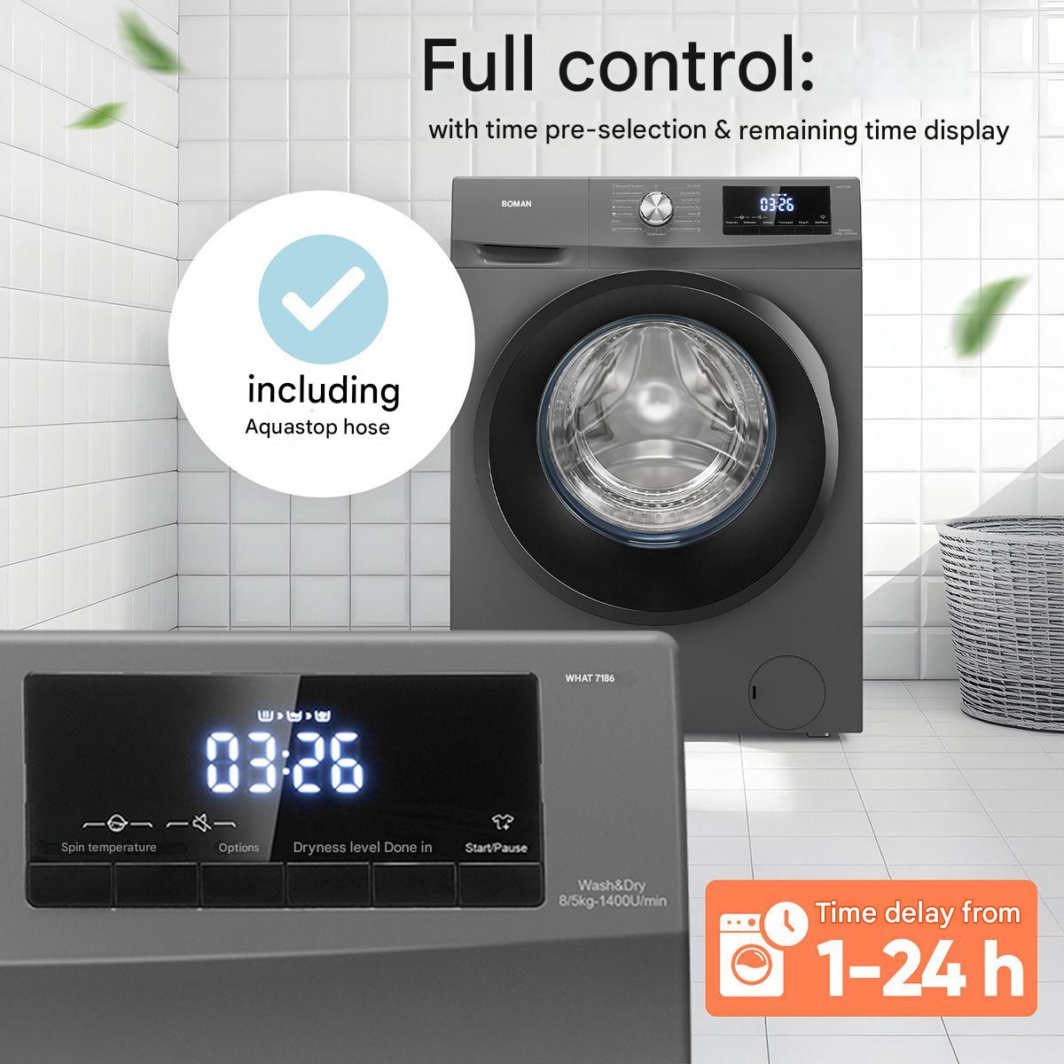 Masina de spalat rufe cu uscator Bomann, WAT7186N, capacitate 8kg, clasa A, 12 programe prestabilite + 3 programe uscare, 1400 rpm, afisaj LED, 6 trepte temperatura, protectie la preaplin, pornire intarziata, control spuma, control balans cuva, antracit