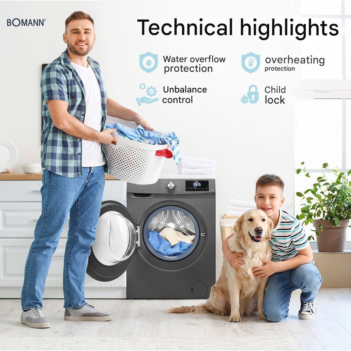 Masina de spalat rufe cu uscator Bomann, WAT7186N, capacitate 8kg, clasa A, 12 programe prestabilite + 3 programe uscare, 1400 rpm, afisaj LED, 6 trepte temperatura, protectie la preaplin, pornire intarziata, control spuma, control balans cuva, antracit